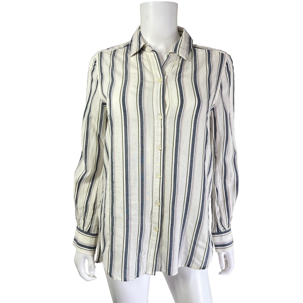 Lucky Brand Blouse Top Button Up Shirt Blue Striped Cotton Rayon Blend Small S